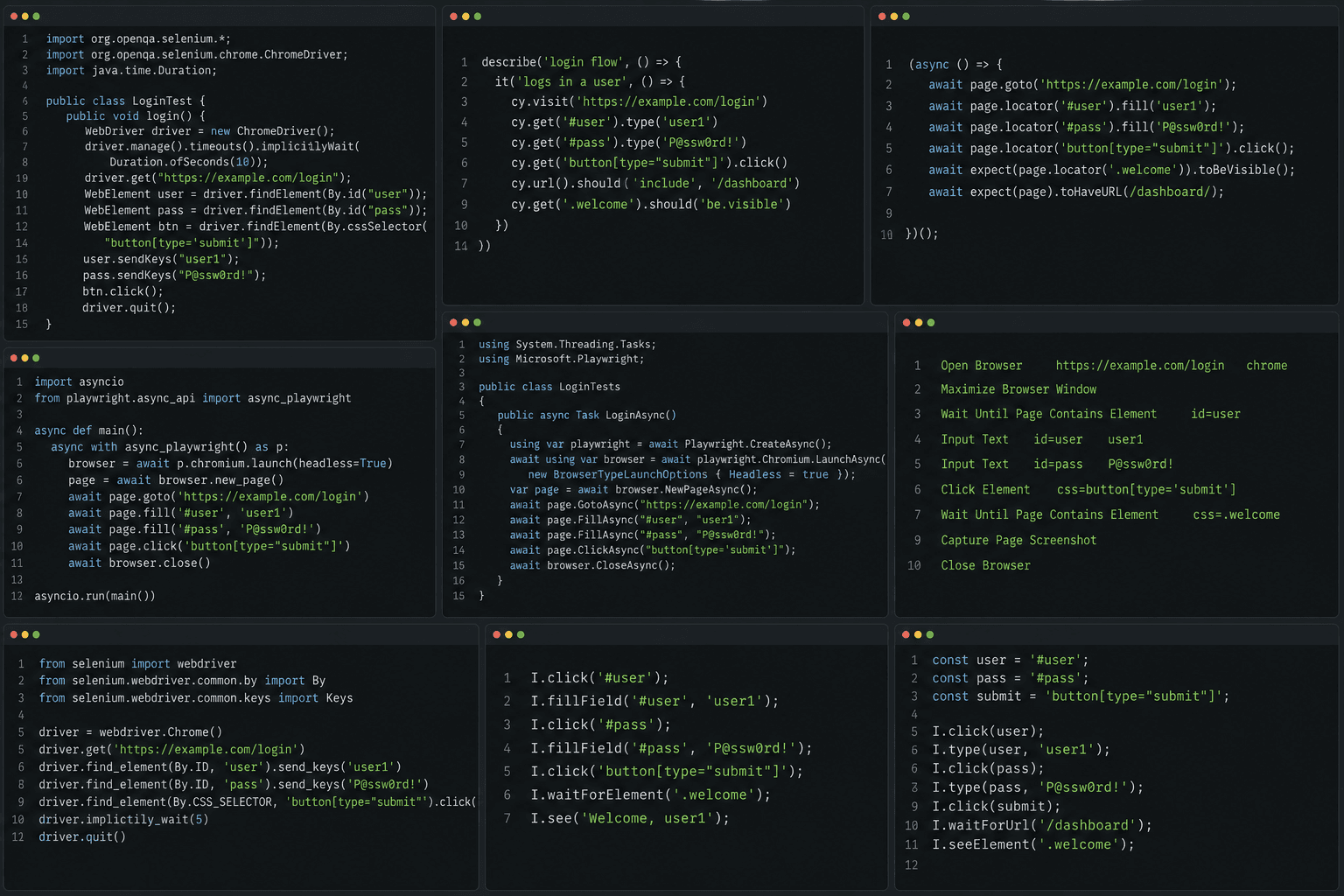 QA Automation Foundations — Selenium · Cypress · Playwright · Robot Framework · CodeceptJS