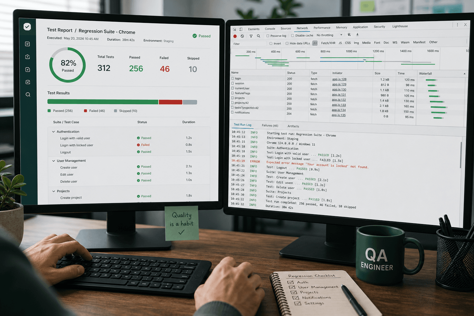 QA engineer reviewing automated test reports and network traces